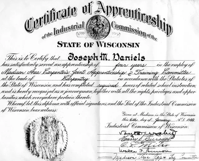 Joe Sr's Certificate of apprenticeship